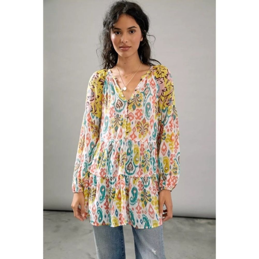 ANTHROPOLOGIE Maureen Babydoll Tiered Tunic Blouse Boho Colorful Size S